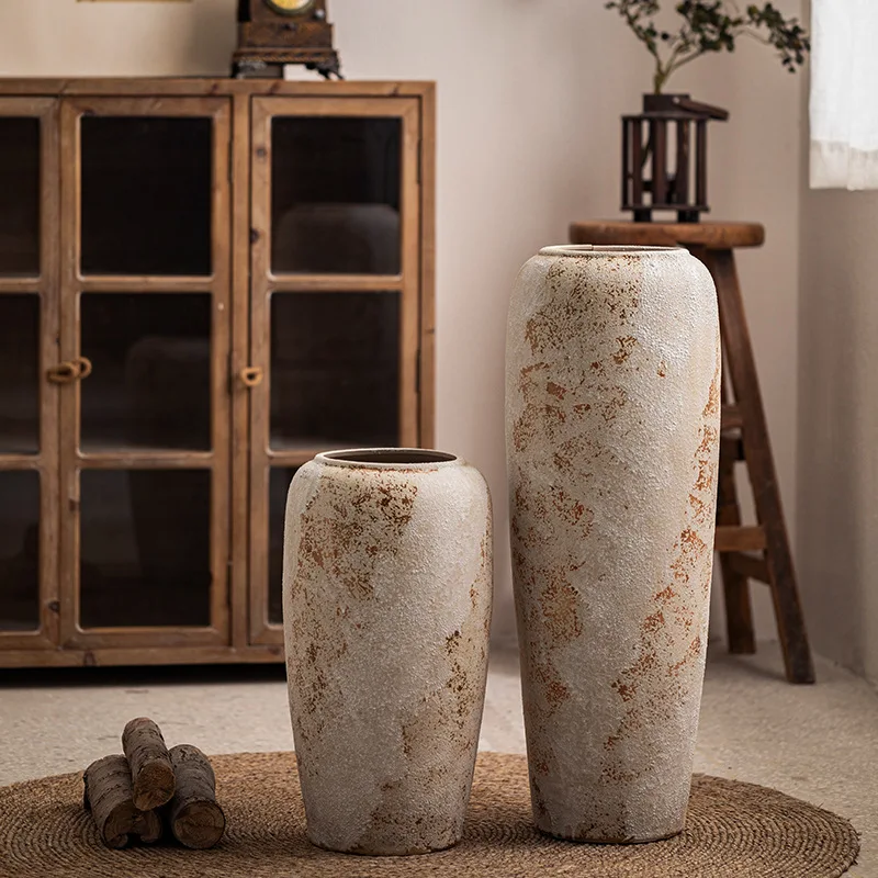 Retro Coarse Pottery Floor-to-ceiling Vase Handmade Literary Ceramic Ornament Living Room Decoration  Living Room Decoration
