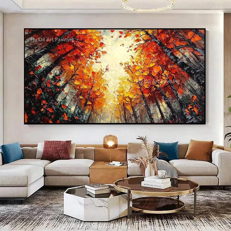 Original Hand‑Painted Fall Tree Canvas Art, Heavy Texture Autumn Woodland Oil Painting, Warm Rustic Living Room Wall Decor