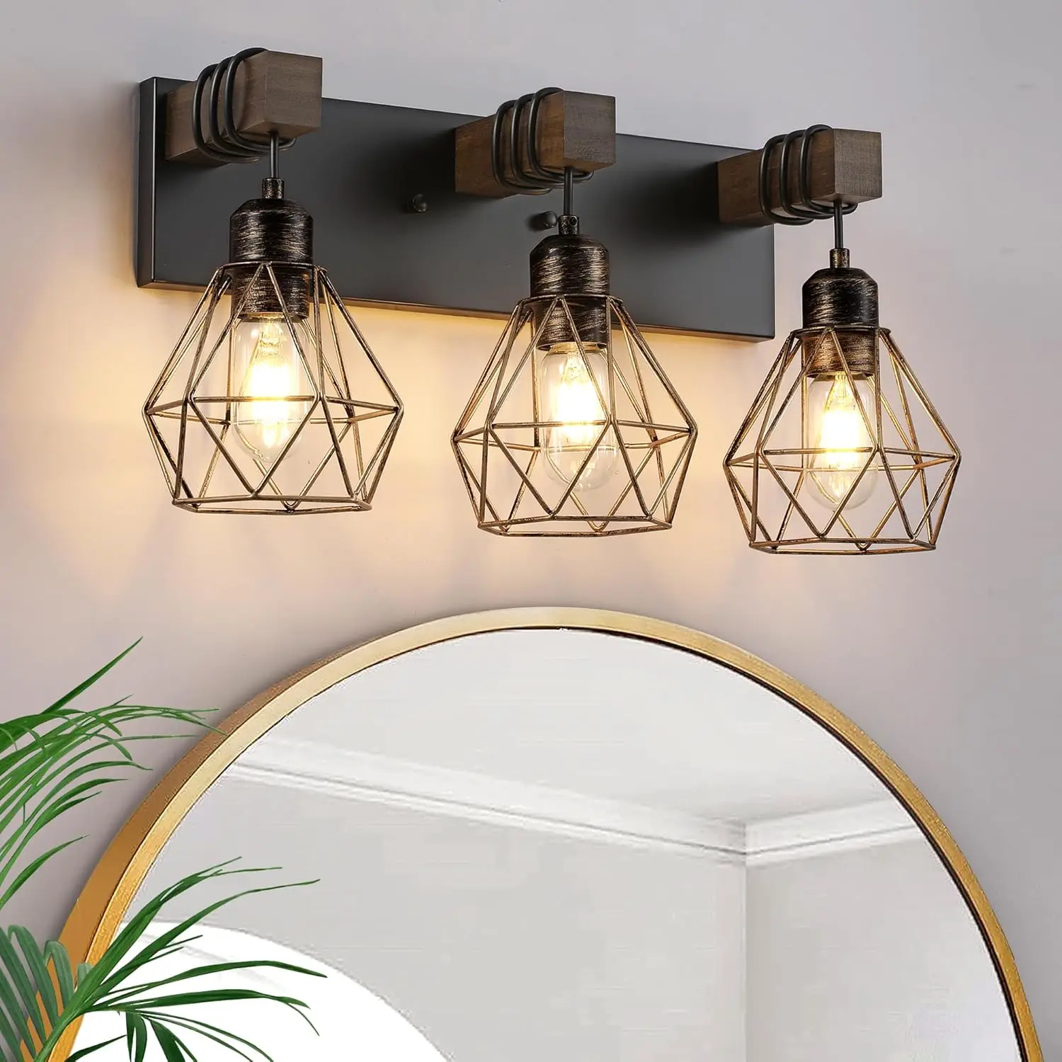 

Farmhouse Bathroom Light Fixtures, 3-Light Bathroom Lighting Fixtures Over Mirror, Rustic Wood Bla Gold Vanity Lights Wall