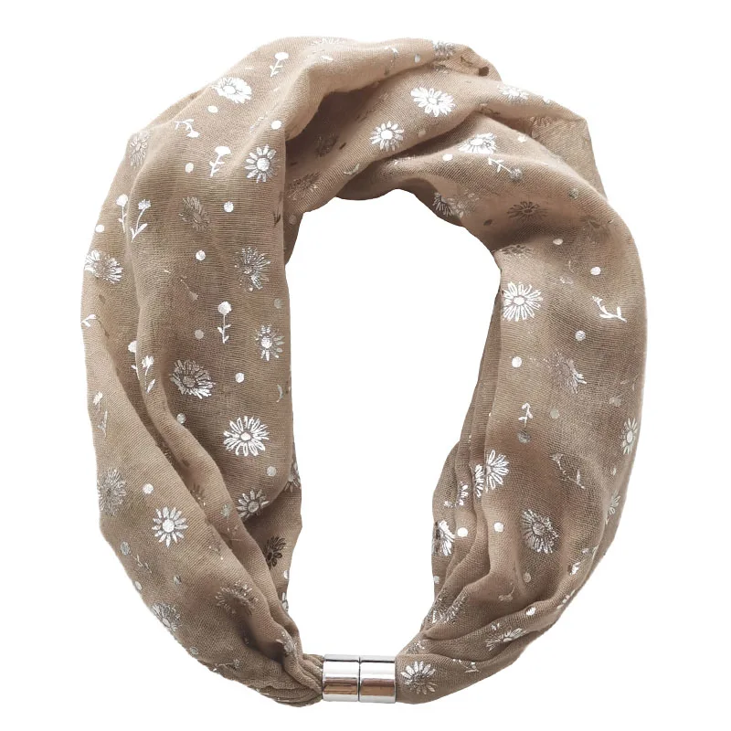 Women Magnet Buckle Ring Scarf Premium Hot Silver Daisy Dot Print Neckerchief Girl Bohemian Style Accessories Gift