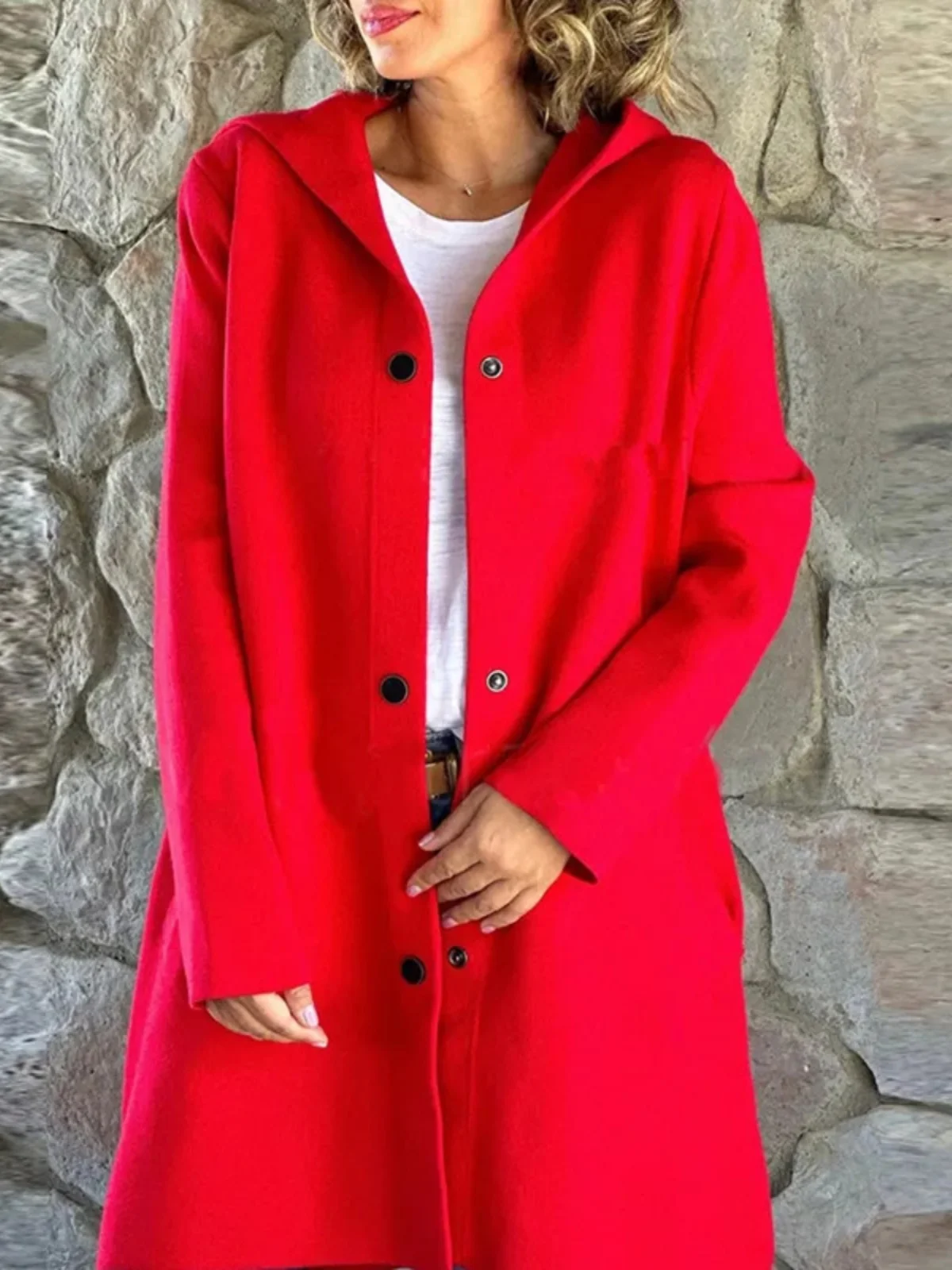 

Hooded Wool Coat Street Sle Pure Color Long Sve Midi Length Coat Polyester Single Button Closure Straight Fit