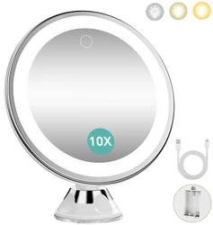 10x Magnifying Makeup Mirror 3 Lights Color Modes and Dimming Battery Operated Cordless with Suction Cup for Wall Bathroom Home