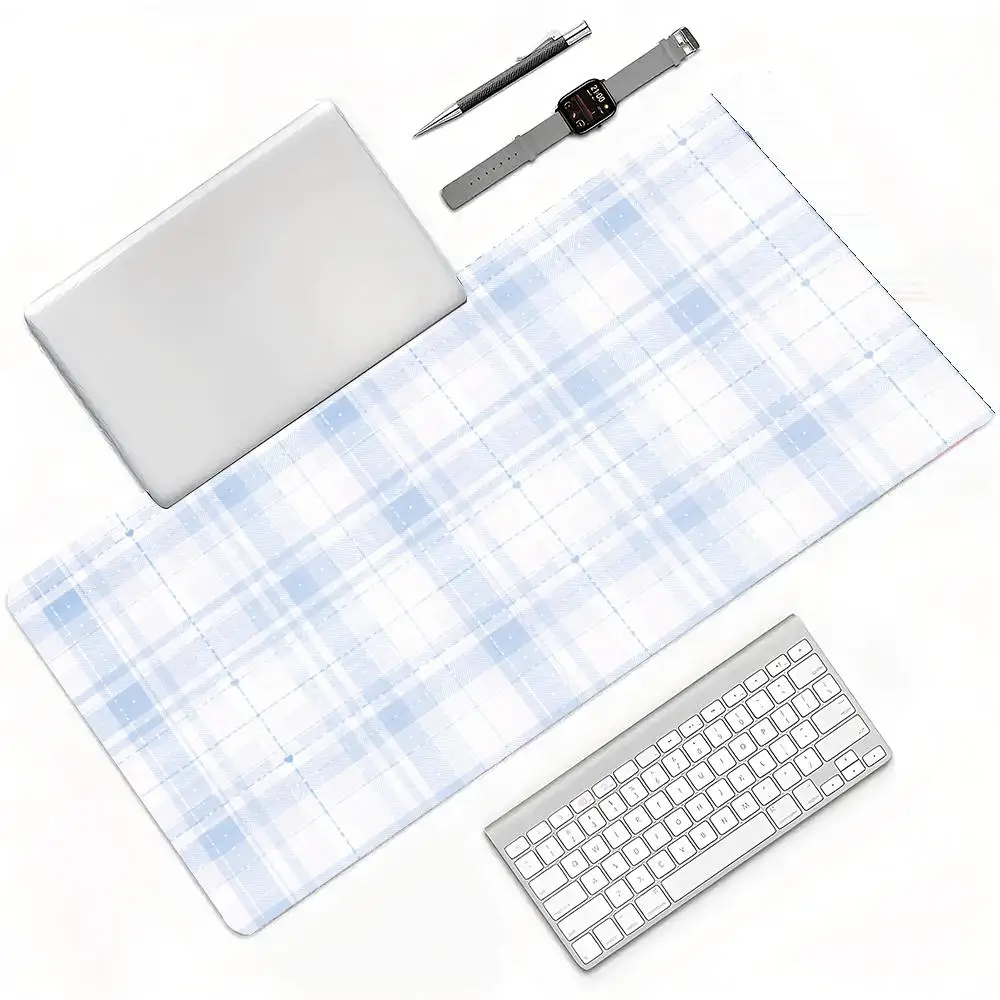 Aesthetic Soft Blue Watercolour Gingham Check Minimalist Large Gaming Mouse Pad Wear Resistant Computer Desk Pad