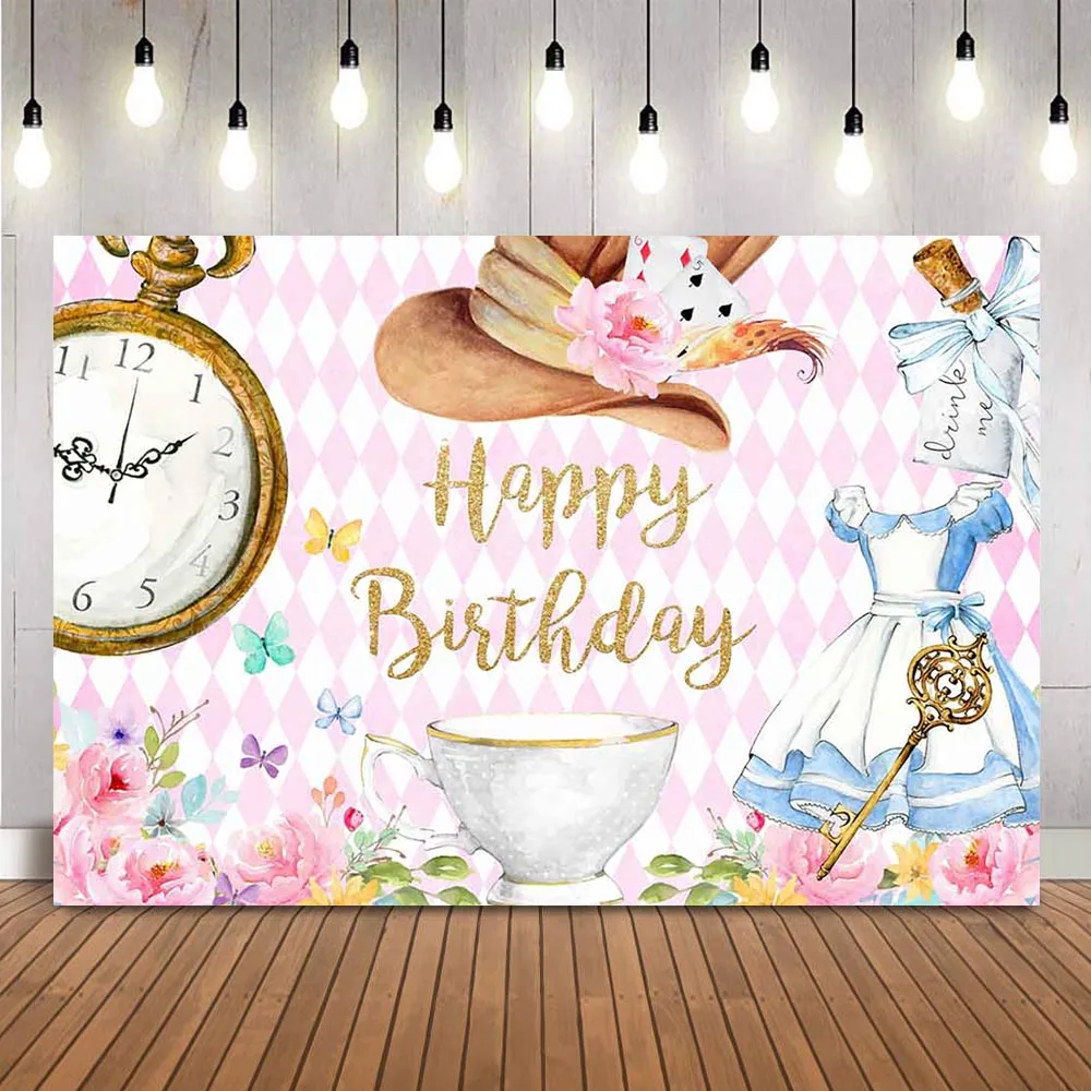 Woodland Tea Party Birthday Backdrop Fantasy Time pocket watch floral backdrop for Photography studio Alice Theme Decoration