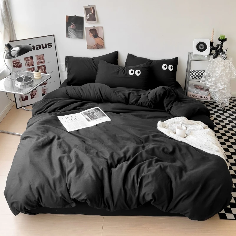 Black Solid Color Washed Cotton Bedding Set Big Eye Ultra Soft Series Duvet Cover Bed Sheet Pillowcase Single Double Queen Size