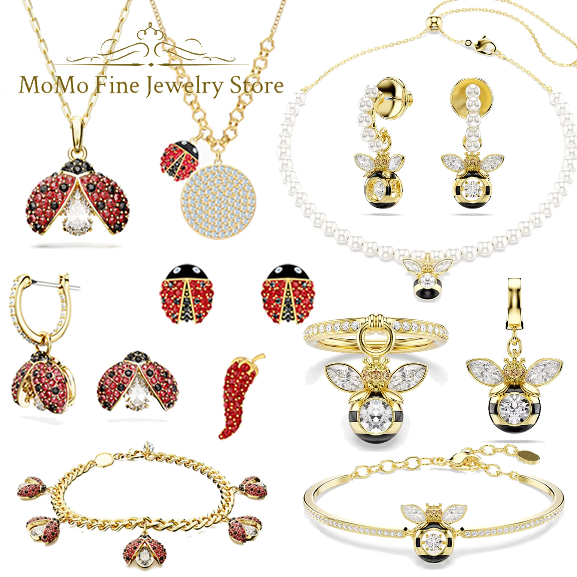 2026 High Quality Party Jewelry Set Charm Red Ladybug Gold Bee Crystal Pendant Fashion Necklace Bracelet Earrings Gift for Women