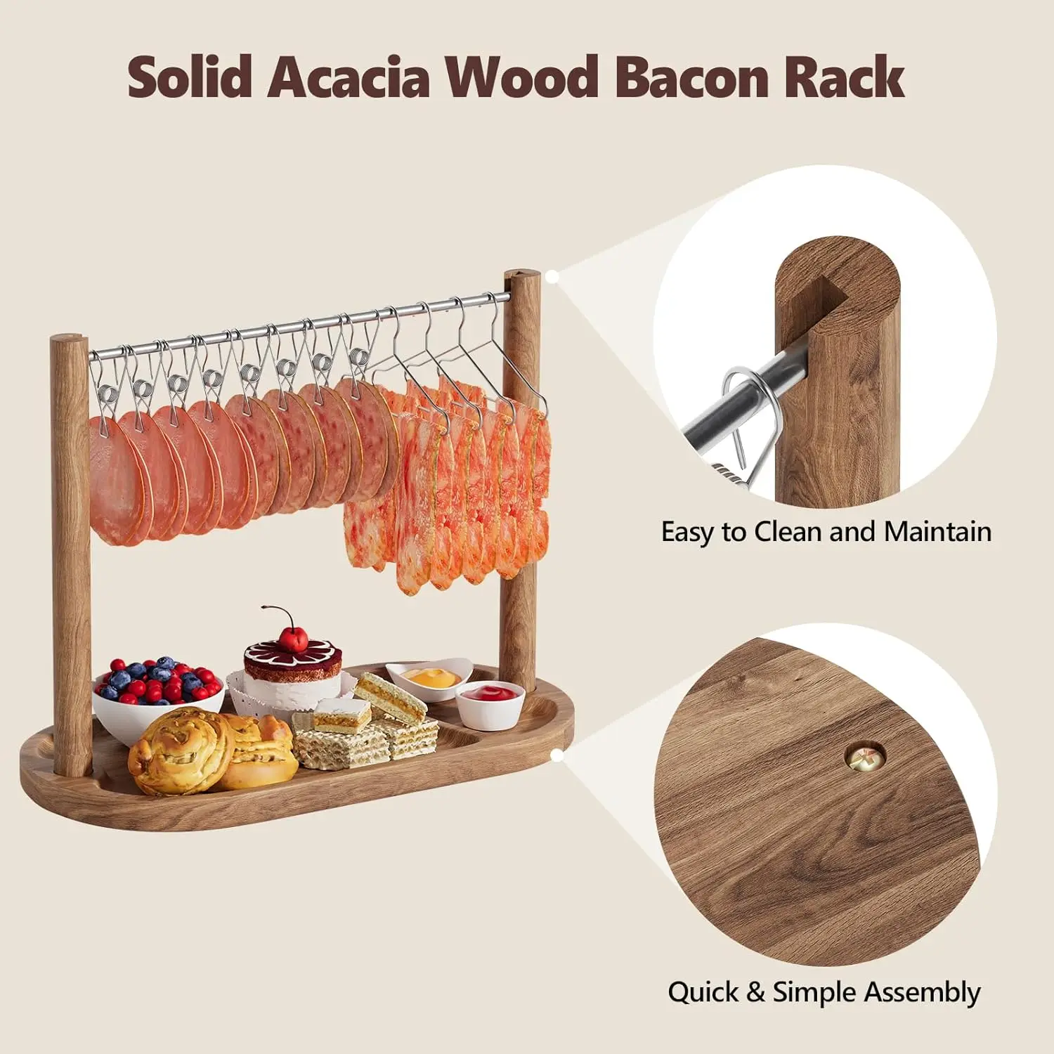 Acacia Wood Bacon Display Rack-Set of 2 Bacon Clothesline Serving Tray-Bacon Hanger Serving Platters-Exquisite Bacon Serving Dis