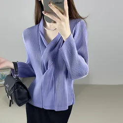 Miyake Pleated Top 2024 Autumn New Solid Color Slimming Bottoming Shirt Women's V-neck Commuting T-shirt Top