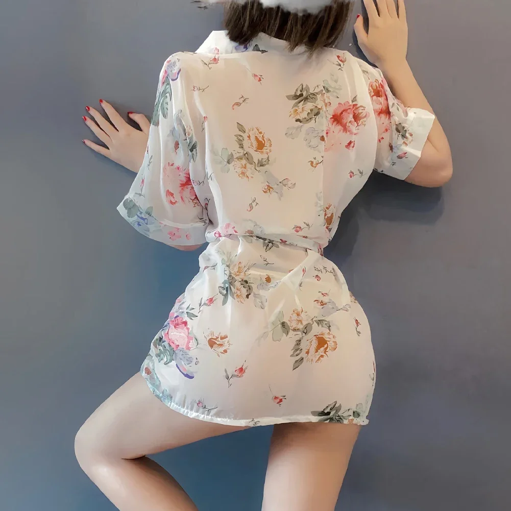 

Women Sexy Lingerie Pajamas, Flower Print Nightgown Set, Chiffon Material, Beige Color, Perfect for All Seasons