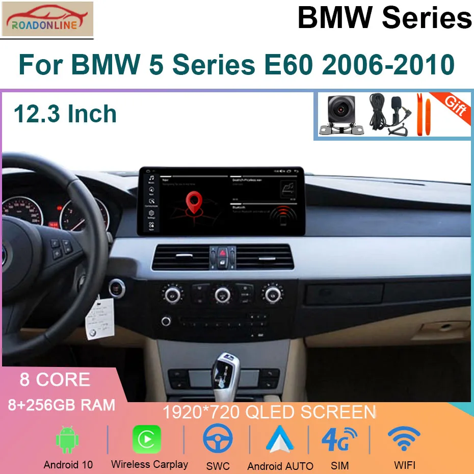 12.3 Inch 8+256GB Android 10 Car Multimedia Player For BMW 5 Series E60 2006-2010 Carplay GPS 4G WIFI Screen Radios