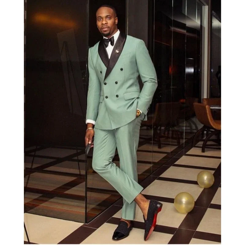 

Light Green Casual Suit For Men Double Breasted Tuxedos Groom Groomsman Formal Prom Wedding Party 2 Piece Set Jacket And Pants