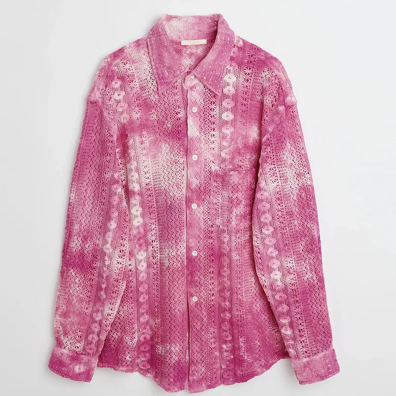 Tie Dyed Shirt Men's Casual Lace Cardigan Hollow Out Long Sleeved Shirt Mens Hip Hop Clothing Knitted Turn-down Collar Shirt