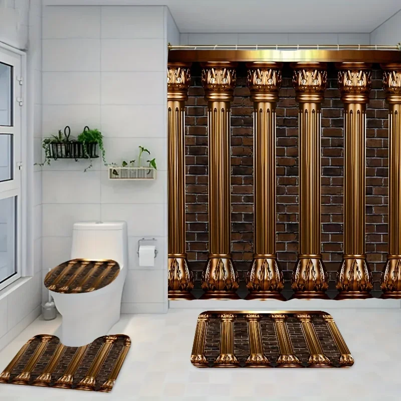 4pcs Golden Roman Column Pattern Shower Curtain Set, Waterproof Bathroom Partition Curtain With Hooks, Non-Slip Bath Rug, To