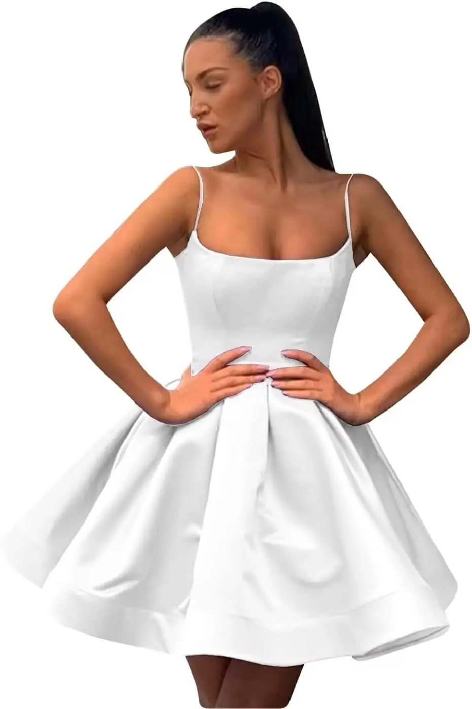 

Атласное платье трапециевидной формы для встречи выпускников на тонких бретельках для женщин, короткое коктейльное платье с квадратным вырезом, платья для выпускного вечера без рукавов, мини-платье