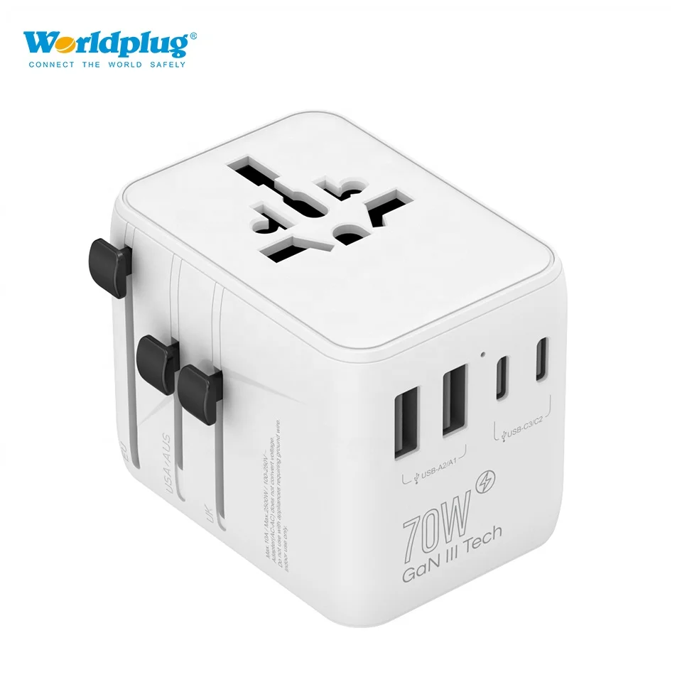 70W GaN Fast Charging USB Charger Adapter Universal Travel Plug Socket 2 AC Outlets International Adaptor Made Copper