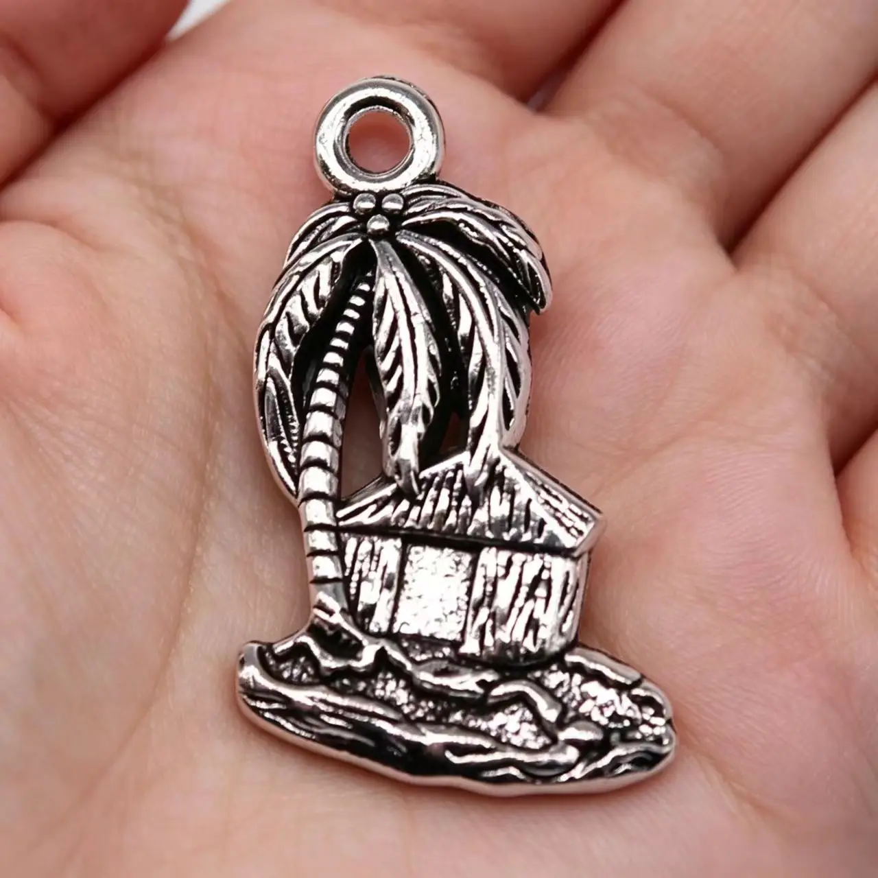 10Pcs 25x15mm Antique Silver Tropical Island Hut Coconut Tree Pendant Charms for DIY Beach Necklace Jewelry Making Accessories