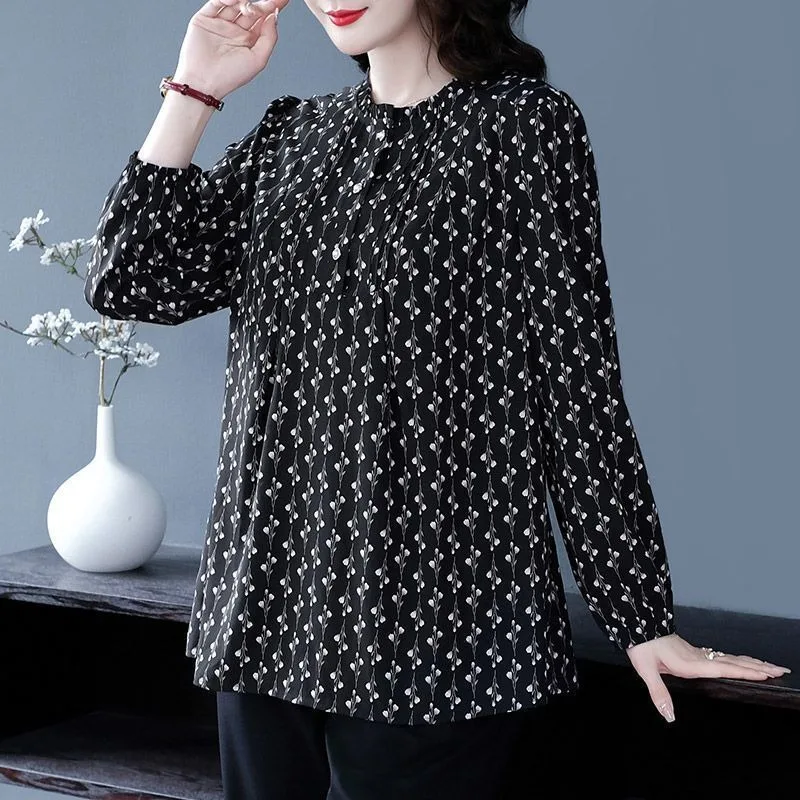 Fashionable Floral Wood Ear-hem Shirt Autumn Clothing for Women New Style Round Neck Loose Long-sleeved Pullover