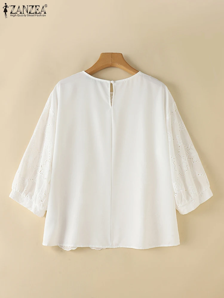 ZANZEA Fashion Autumn Lace Crochet Blouse Women O Neck 3/4 Sleeve Shirt Casual Summer Embroidery Tops Loose Hollow Out Blusas