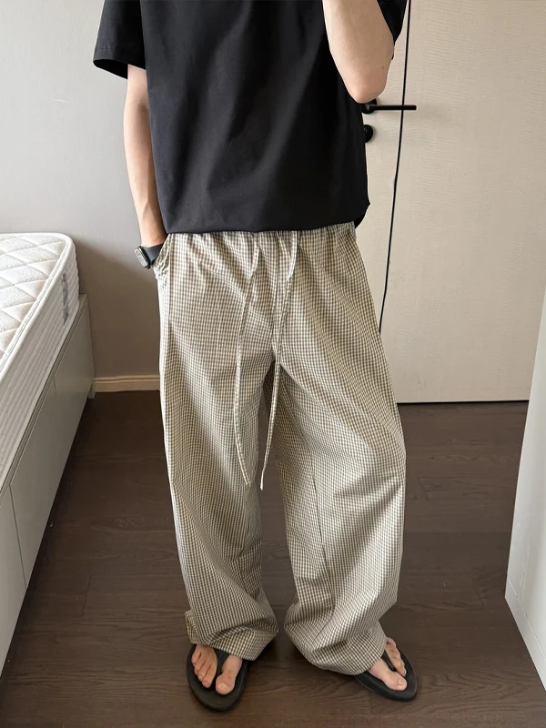 Khaki Lazy Plaid Pants Men Women Summer Thin Breathable Loose Casual Straight Leg Pleated Wide Leg Pants Comfortable Stretchy