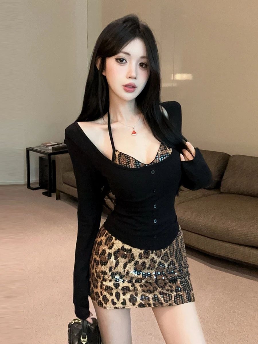 Sexy Spicy Girl Sequin Neck Hanging Wrap Chest Strapless Long Sleeve Base Shirt Leopard Print Wrap Skirt Three Piece Set