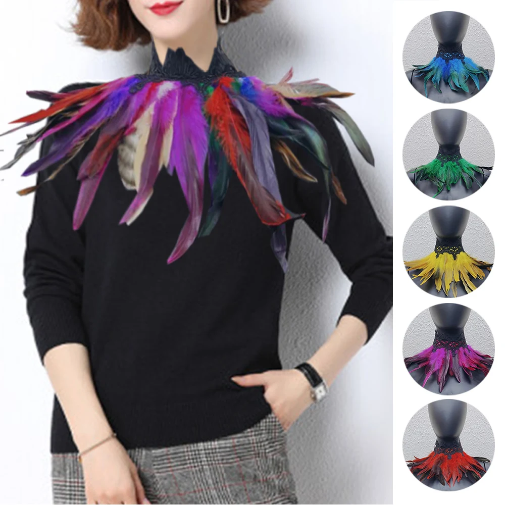 Lace Cosplay Feather Choker Collar Natural Feather With Lace False Collar Punk Cape Shawl Women Neck Cover Halloween Classic