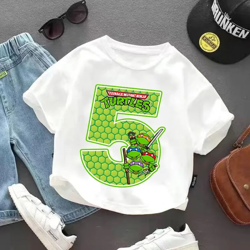 Teenage Mutant Ninjas Turtles Anime T-shirt Summer Kids Clothes Birthday Digit 1-9 Tees Children Cotton Short Sleeve Boys Gift