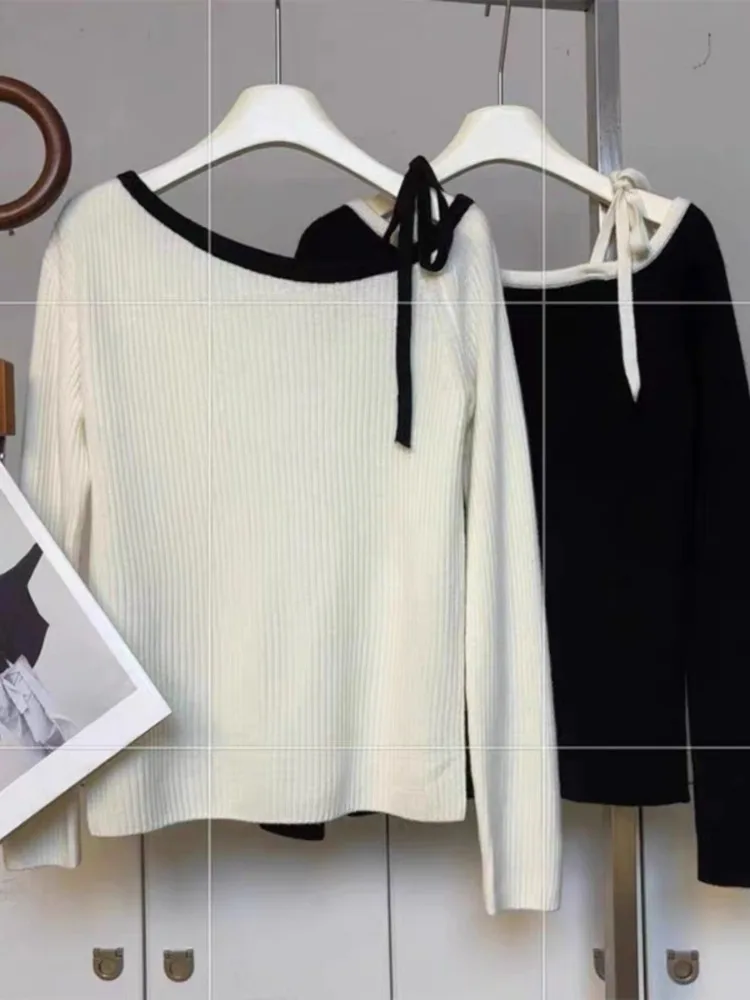 

Fashion Autumn Women Knitted Top Pullover Off-shoulder Sweater Fall Elegant Korean Style Knitwear Long Sleeve Casual Clothing