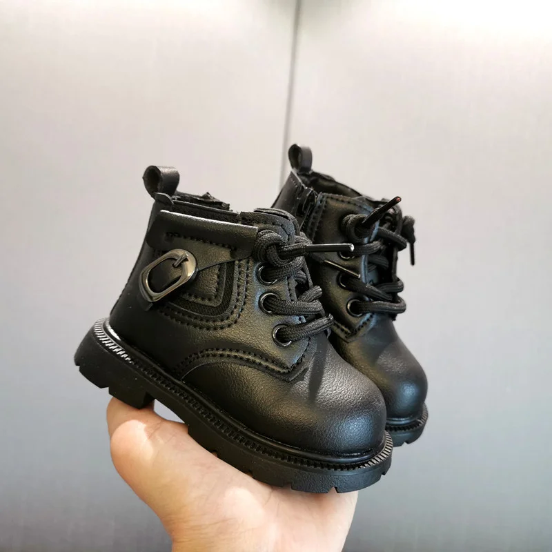 Girls Winter Add Plush and Thick Warm Boots Anti Slip Baby Walking Shoes Trend All-match Black Princess  Leather Boot