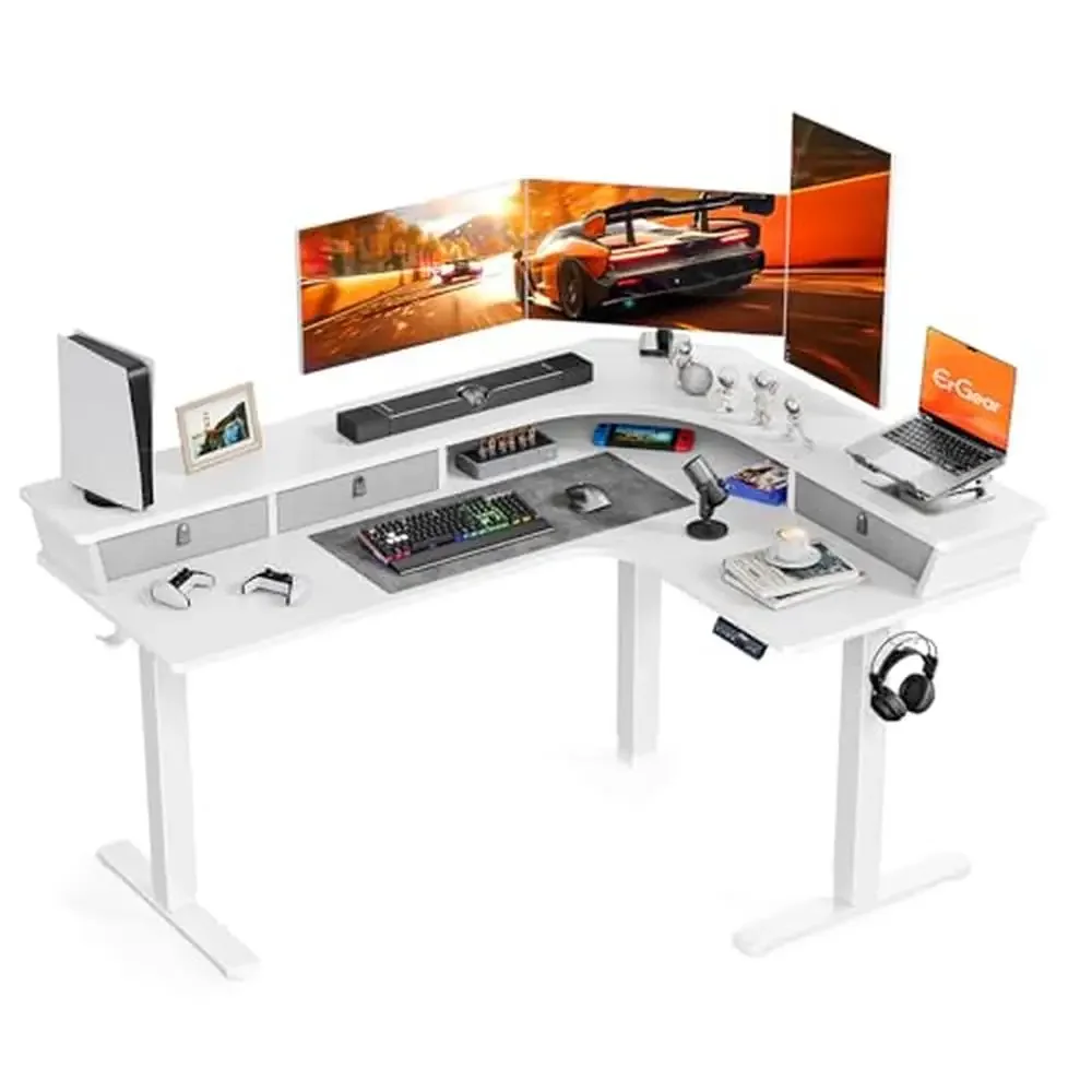 Adjustable Standing Gaming Desk with 3 Drawers & 2 Cable Management Trays Spacious L Shaped Corner Desk C-Clamp Mount Compatible