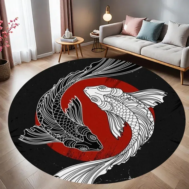Koi Carp Round Carpet Samurai Ninja Pattern Yin Yang Design Floor Area Rug Modern Daily Home Decor Mat for Living Room Bedroom