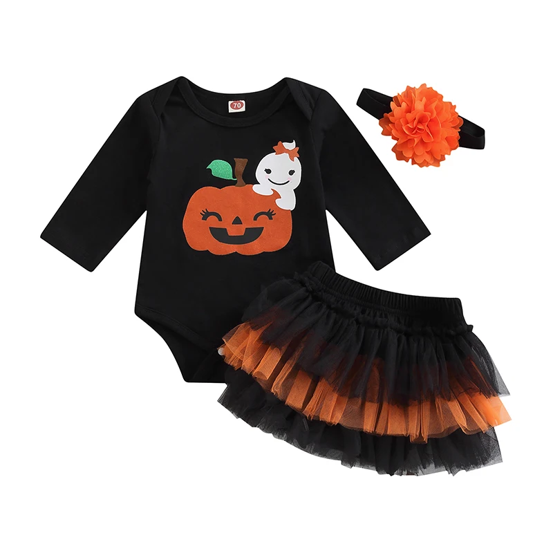 Baby Girls 3PCS Halloween Romper Suit Ghost Pumpkin Long Sleeve Snap Romper, Ruffled Layers Triangle Pants Flower Headband Set