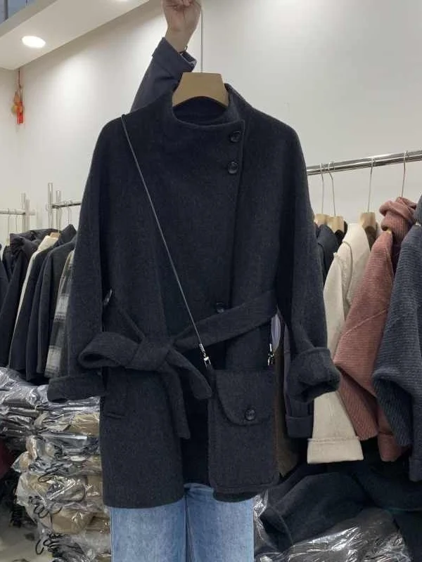 

plus Size Women's Unique Design Double-Faced Woolen Coat Loose Midi Length Stand Collar Winter Vintage Double Breasted Jaet