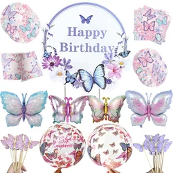 Purple&Pink Butterfly Cake Decorations Happy Birthday Cake Toppers Tableware Cups Baby Shower Wedding Birthday Party Decorations