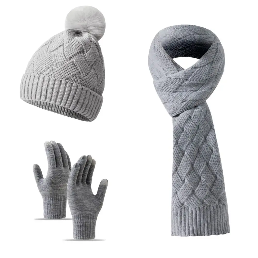 3Pcs/Set Warm Winter Hat Scarf Gloves Set Thicken Knitted Knit Beanie Snood Set Windproof Touchscreen Touchscreen Gloves Unisex