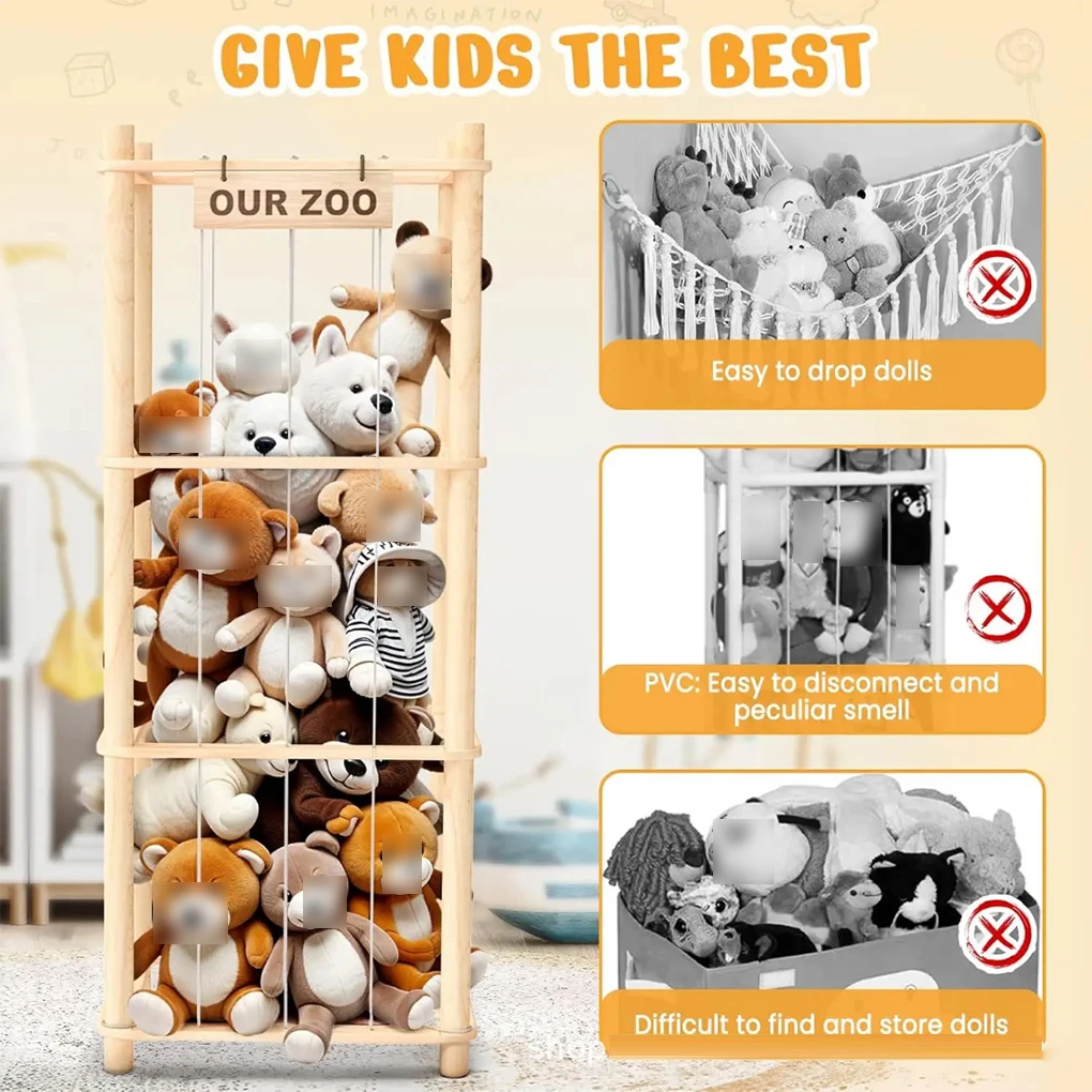 Doll Organization Stuffed Animal Storage Organizer Holder for Toys Assemble for Bedroom Large Capacity Wood Doll Storage view 5