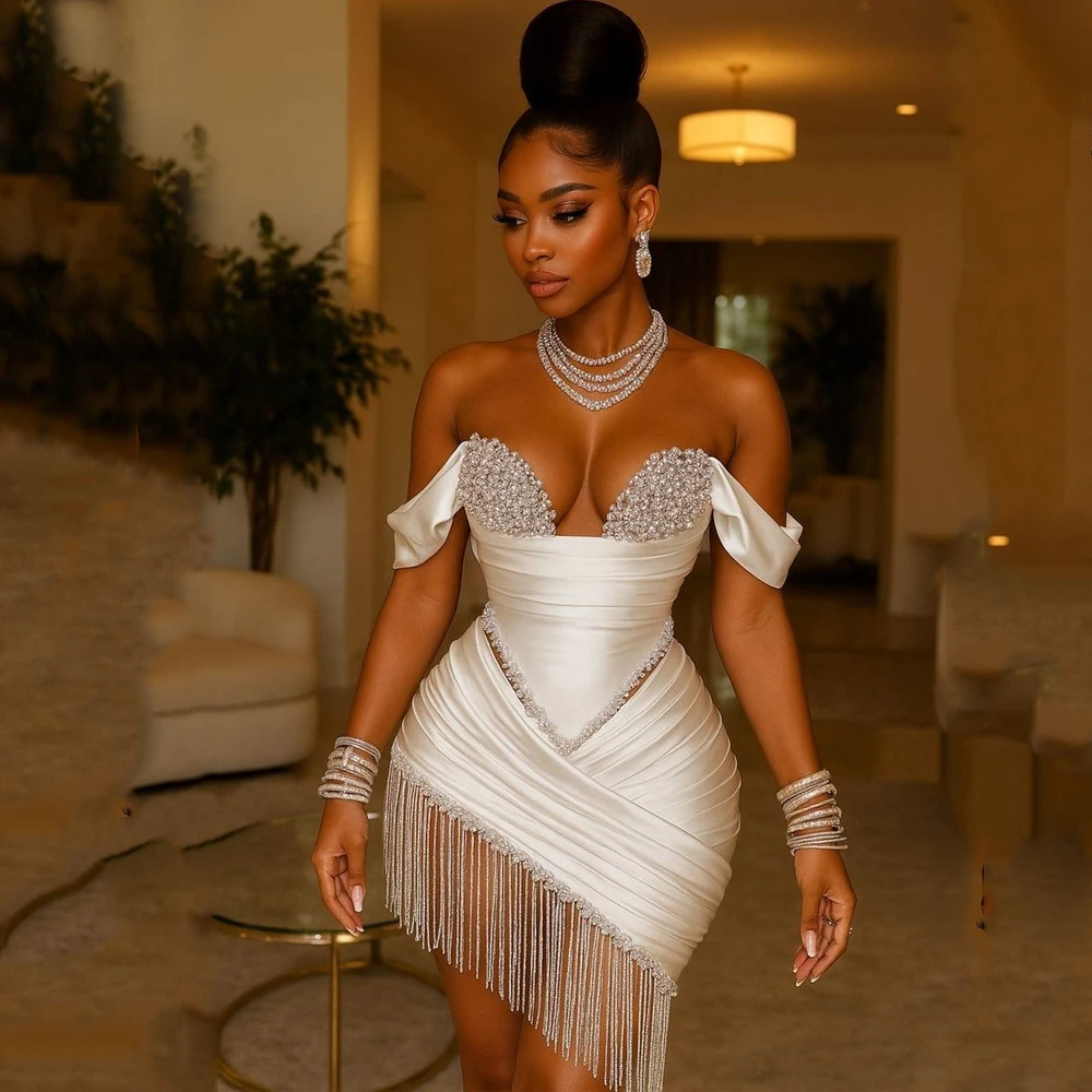 Shiny Short Cocktail Dresses for Women Off Shoulder Corset Mini Tassel Crystal Pearls After Wedding Party Gowns Customized