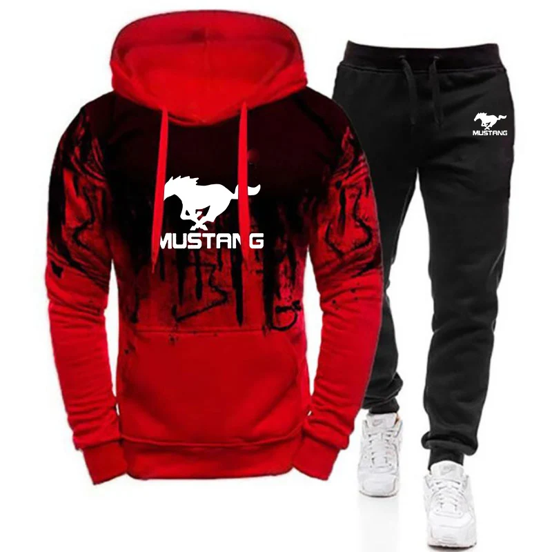 2024 Spring Autumn Mustang Logo Printed Trendy Gradient Color Hoodies Sports Set Men\'s Hooded Tracksuit+Leisure Sweatpants Suits