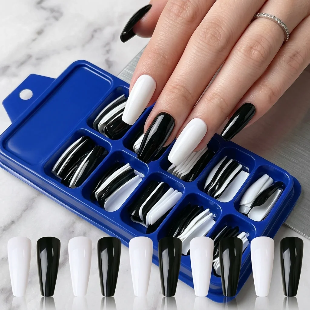 100Ps Mirror Effect Long Trapezoid Shape Press On Nails Almond Shape Pure Black False Nails Coffin Shape Classy Fake Nails