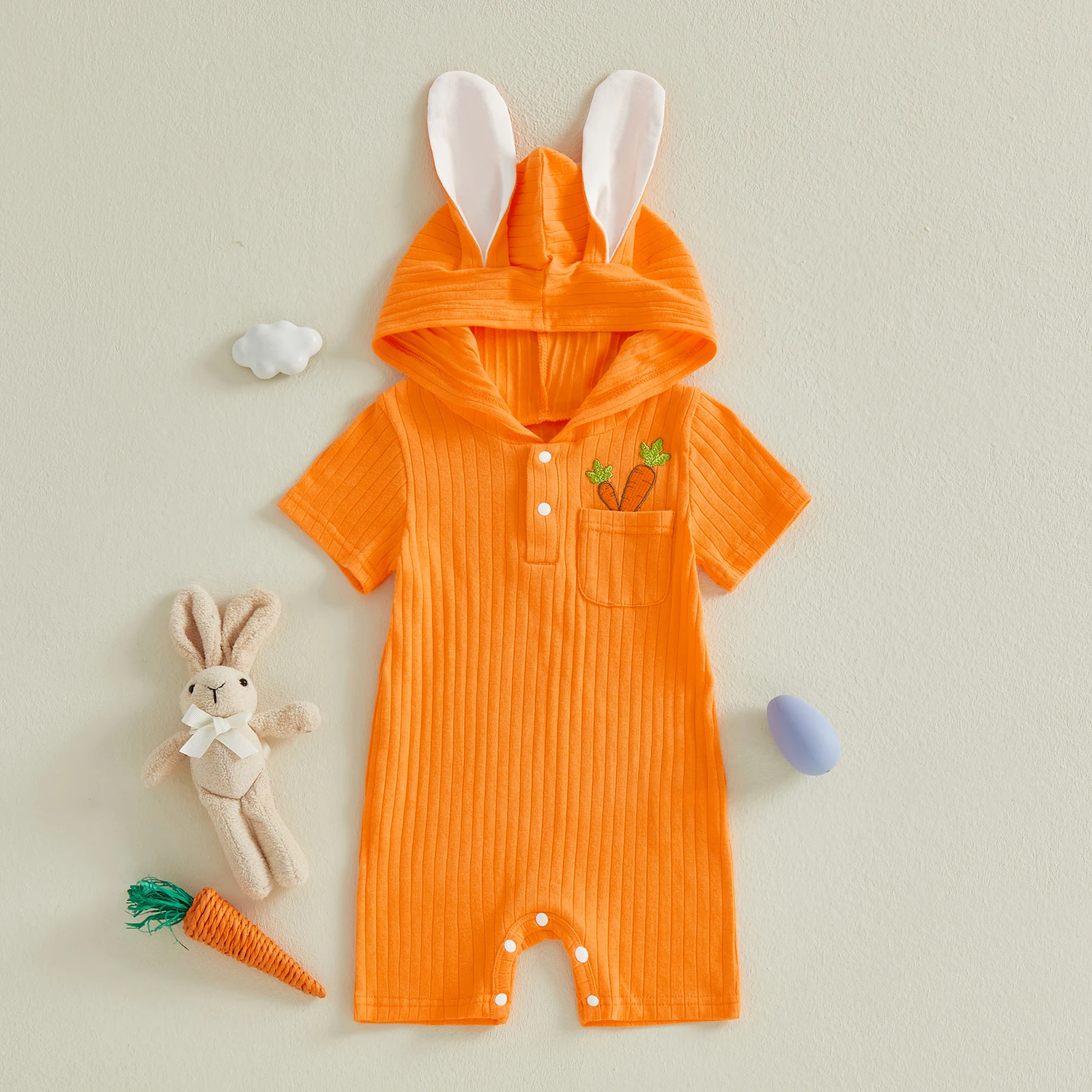 Baby Easter Romper Bunny Ear Design Embroidered Button Short Sleeve Hooded Jumpsuit Cute Easter Costume