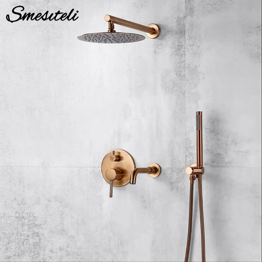 

Bathroom Shower Faucet Brushed Rose Gold Smesiteli Brass 3 Way Diverter Valve Kit Hot & Cold Mixer Tap Tub Spout Hand Spray