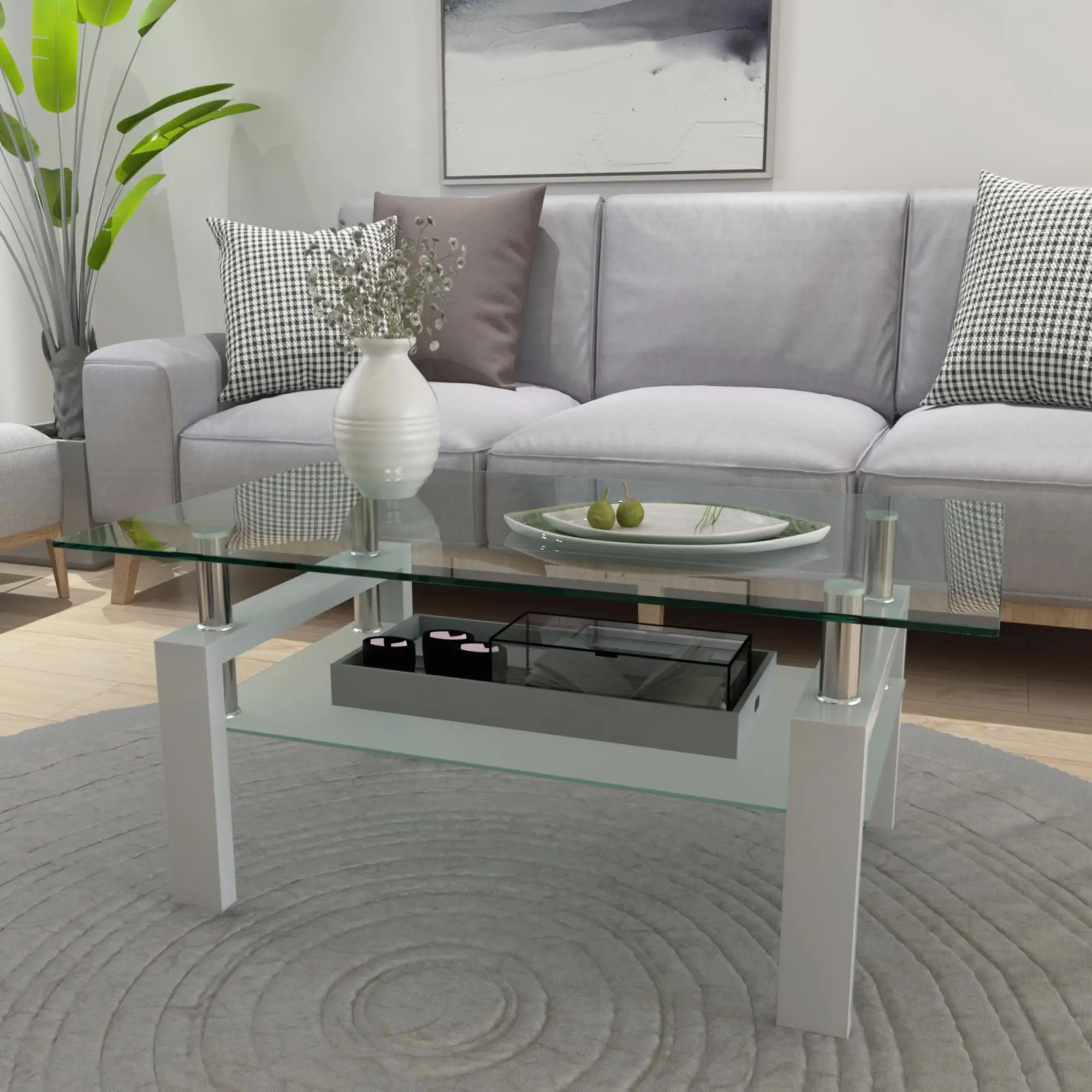 Modern White Clear Coffee Table, Stylish Center Table for living Room Furniture