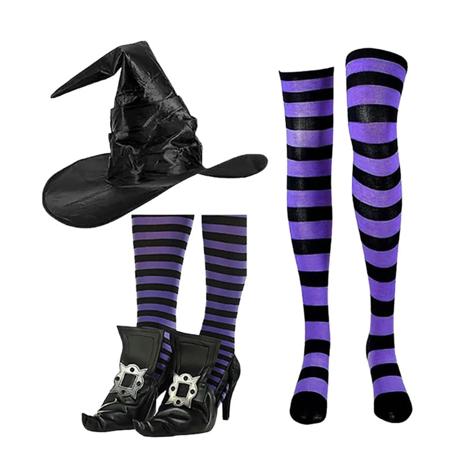 Halloween Party Witch Cosplay Suits copriscarpe fibbia per scarpe cappello da strega calzini Set cappello medievale per donna ragazze 3 pezzi panno di Halloween