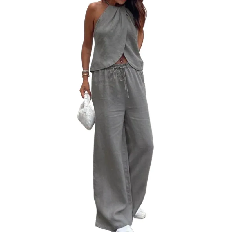 

Летний женский элегантный уличный комплект из хлопка: сексуальный топ-халтер без рукавов и широкие брюки с высокой талией, комплект из двух предметов