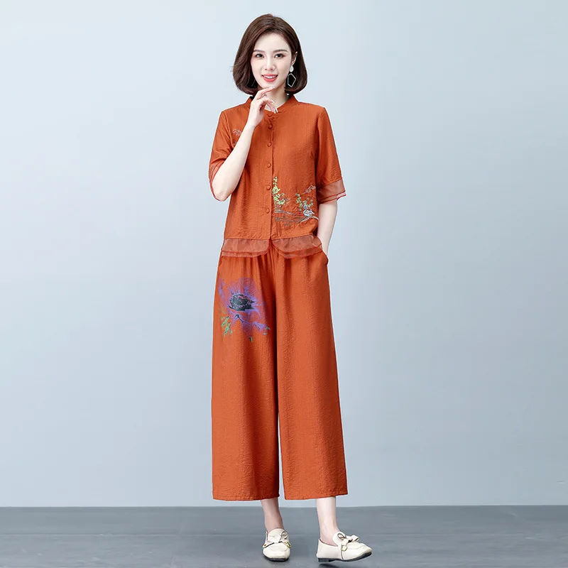 New Elegant short sleeves Top suit Women\'s Clothing Fashion Wide Leg Pants Summer Middle-aged Ethnic Cotton Linen Two-piece Set