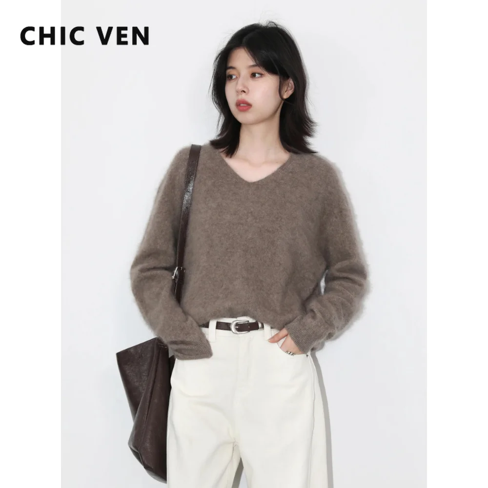 CHIC VEN New Women's Woolen Sweaters Solid Loose Casual Oversized V-Neck Female Jumpers Plus Sizes Pullovers Autumn Winter 2026