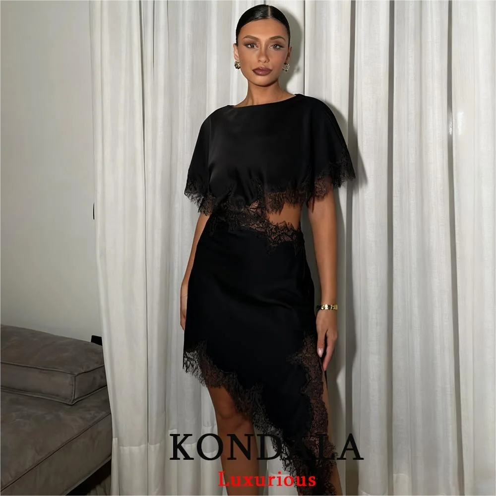 KONDALA Sexy Chic Schwarz Satin Frauen Party Kleid Kurzarm Aushöhlen Side Split Kleid Mode 2026 Abend Club Elegante Kleid