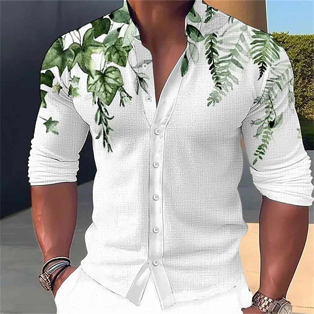 2024 Heren Lange Mouwen Staande Hals Knoop Shirt Groen Blad Bedrukt Shirt Casual Zacht En Comfortabel Heren Top Plus Size