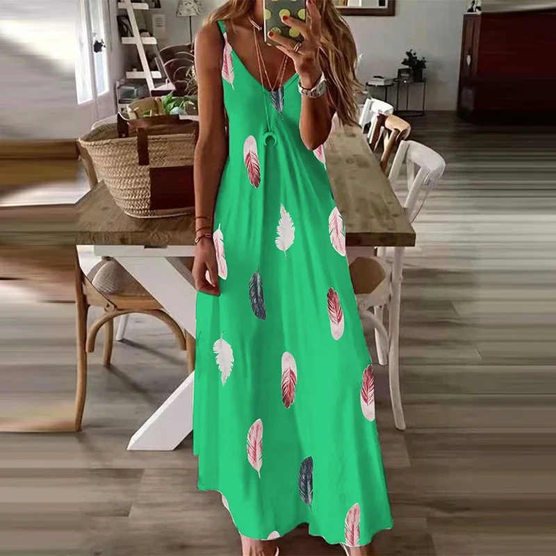 8Colour All-Season Chic Feather Print Maxi Dress Casual V-Neck Comfort Stretch Easy Care