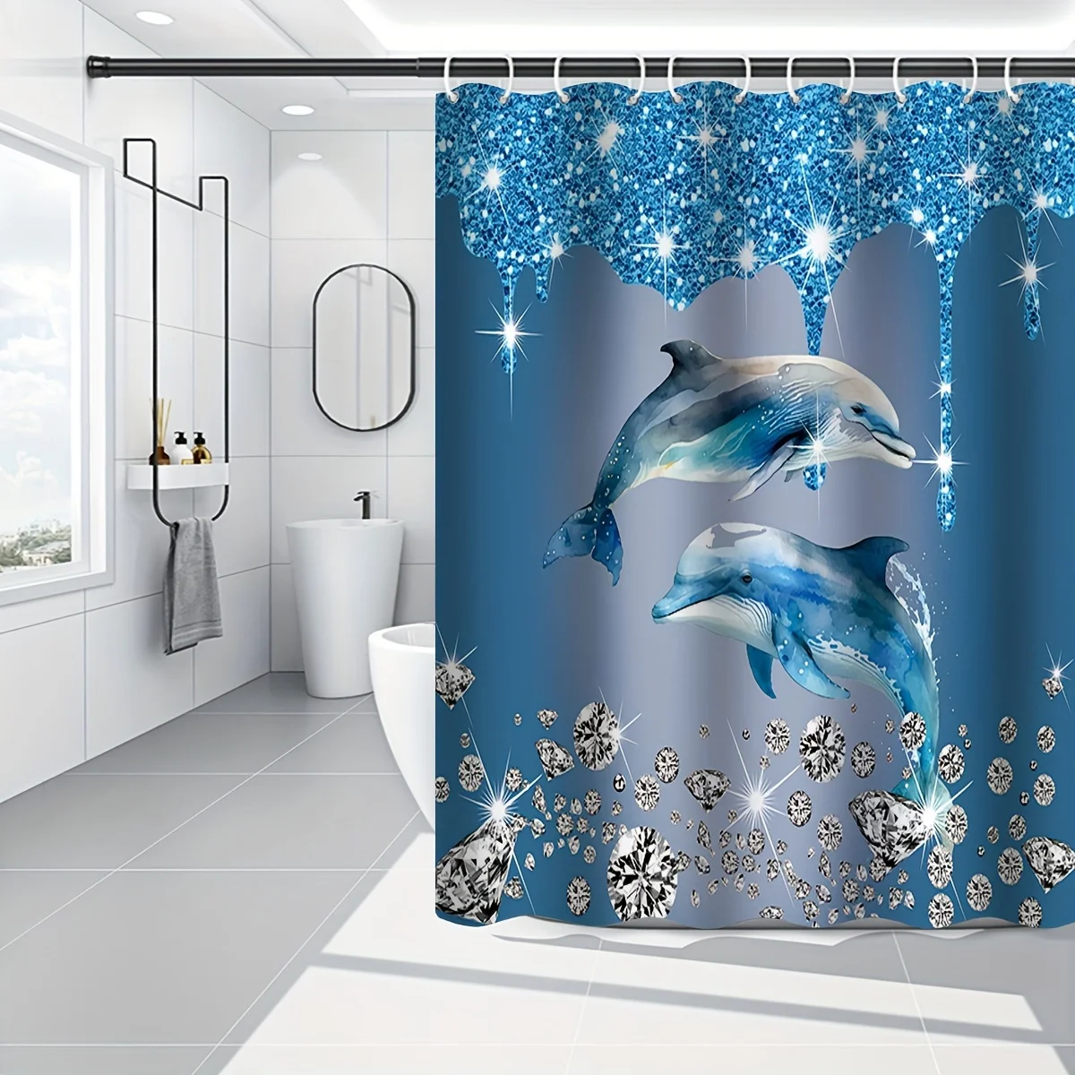 1pc Shower Curtain - Sparkling Dolphins with Shimmering Diamonds in a Deep Blue Ocean Design Waterproof