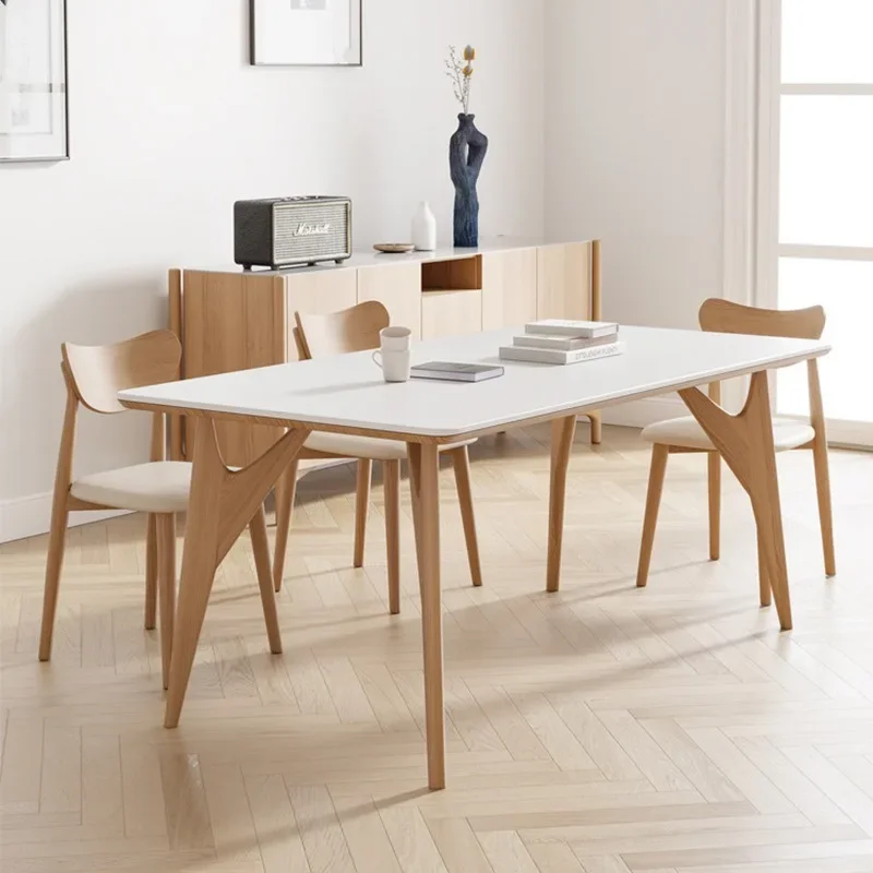 solid wood rock slab dining table, ash wood, log color, modern     apartment household rectangular dining table and chairs